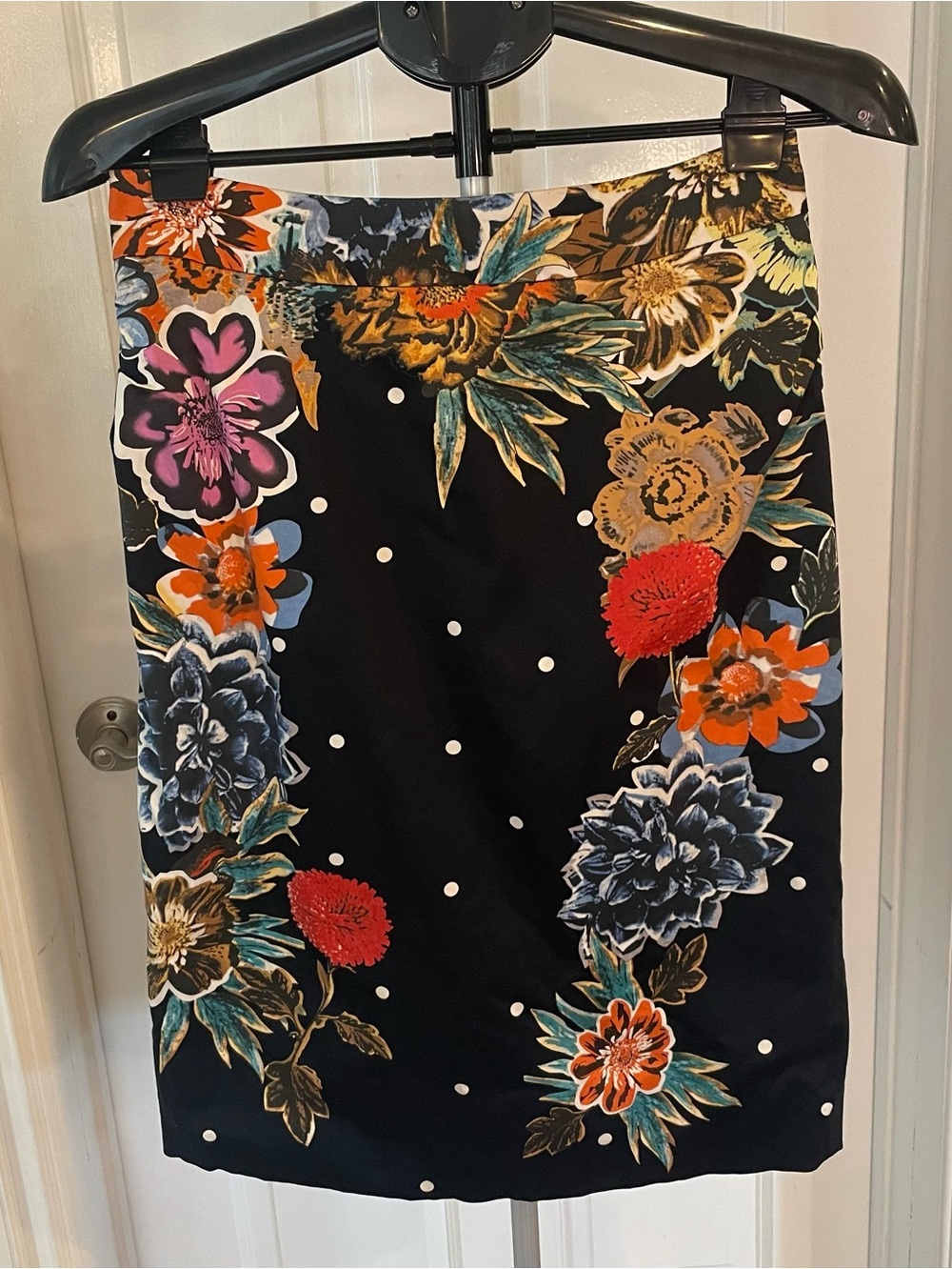 Baraschi (Anthropologie) Black Pencil Skirt with Multicolor Floral & Polka Dots